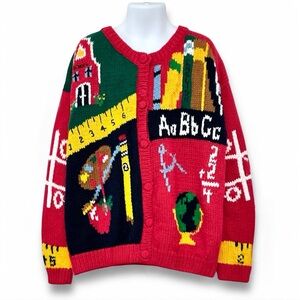 The Eagle’s Eye Vtg 90s Kids School Pop Quiz Novelty Cardigan Sweater M (10/12)